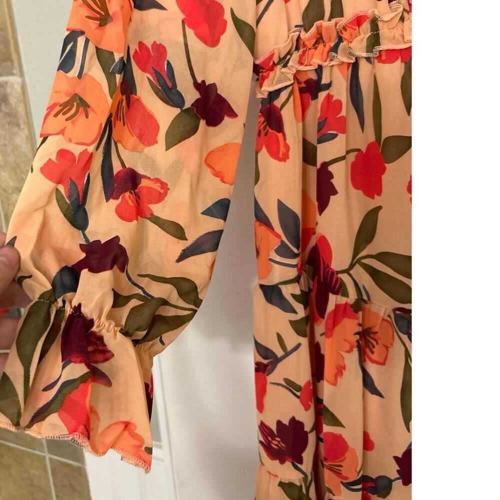 Peachy Pink Floral Empire Waist Ruffle Tiered Maxi Dress Boho Cottagecore Small - Picture 9 of 16